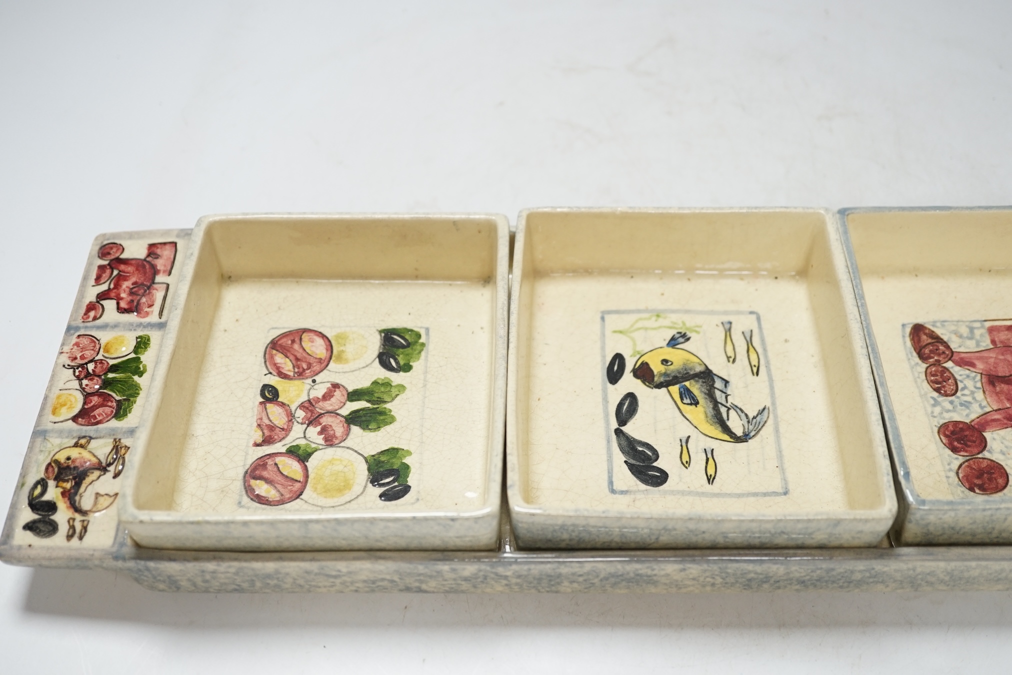 From the Studio of Fred Cuming. An Italian ceramic three section tray set, 43cm wide. Condition - fair, crazing throughout